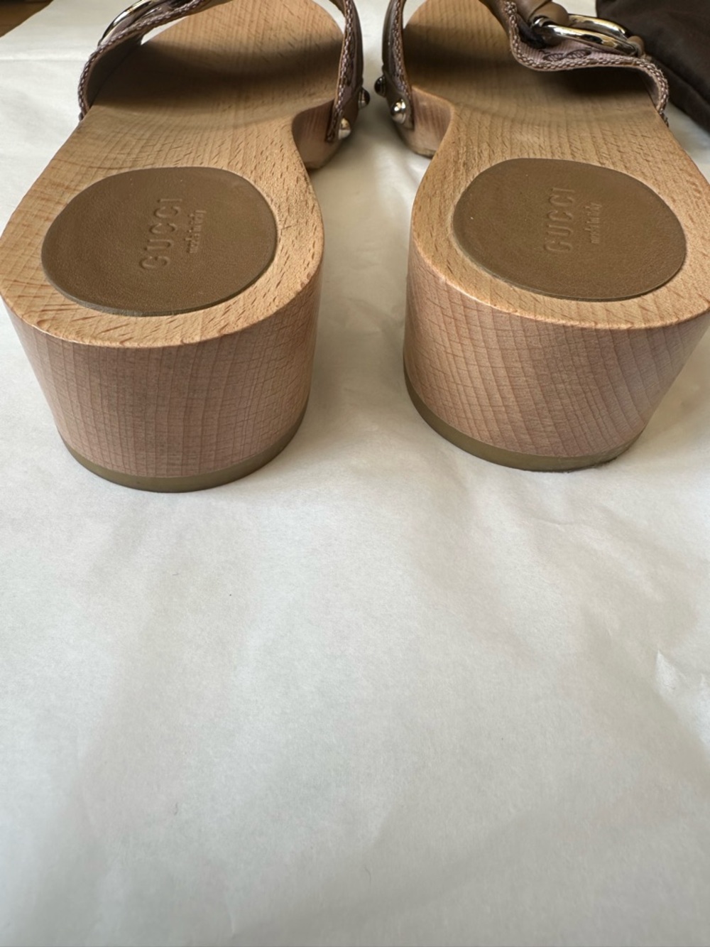 Gucci Taupe Monogram Canvas Horsebit Wooden Slide Mules - Picture 4 of 9